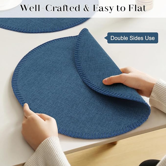 Round Placemats Set of 6, 15 Inch Linen Fabric Table Placemats, Heat Resistant, Wrinkle Free Washable Placemats Kitchen Place Mats Set of 6 for Dining Table Party Table (Navy Blue, 6)