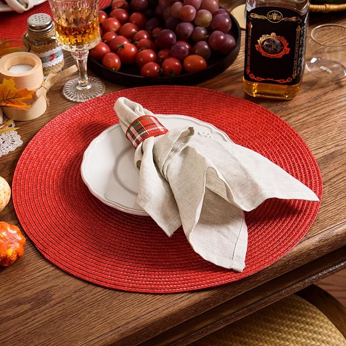 AHHFSMEI Round Placemats Set of 4 Heat Resistant Washable Non-Slip Woven Braided Table Mats for Dining Table Kitchen & Home Decor (red,4)