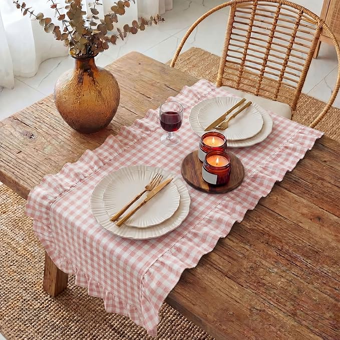 HunnmingRe 1 Pcs Light Pink Plaid Gingham Ruffle Table Runner 72 x 13.8'' Farmhouse Easter Table Runner 100% Cotton Scalloped Long Dresser Scarves for Dining Room, Wedding, Kitchen Rustic Home Decor