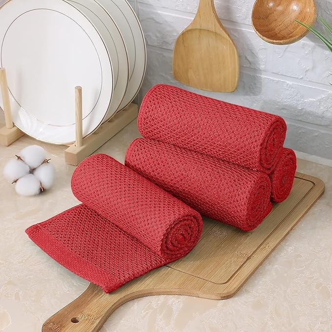 Kitinjoy 100% Cotton Kitchen Towels and Dishcloths Set, 10 Pack-13" x 28" and 12" x 12" Waffle Weave Dish Towels, Ultra Soft Absorbent Quick Drying Dish Rags, Red