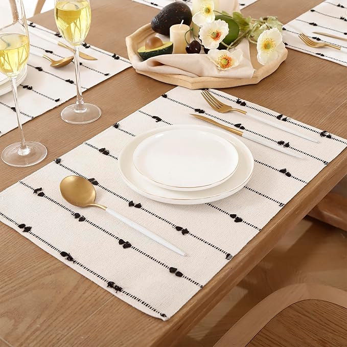 Farmhouse Placemats 13 x 19 Inch Set of 6 for Dining Table Decor Woven Cloth Place Mats for Boho Rustic Kitche Spring Home Decor Cotton Placemats Black and Beige Table Mats