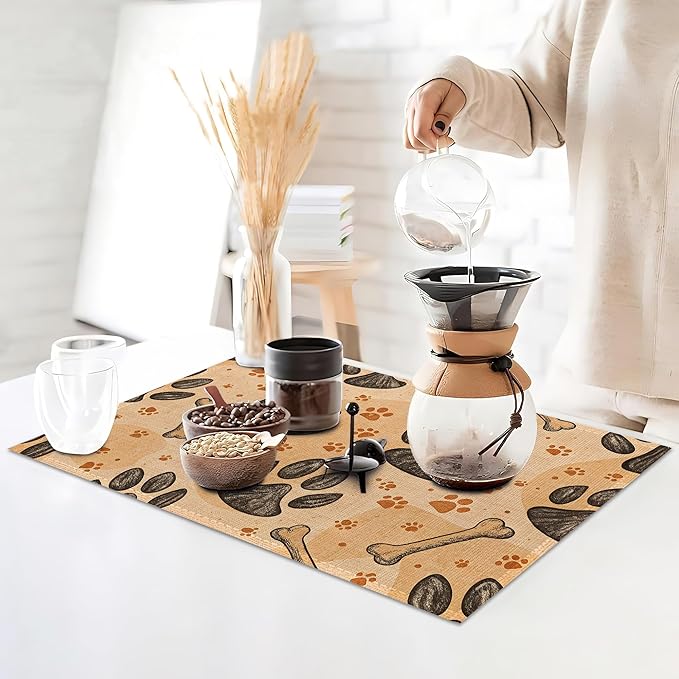 Dog Paws Placemats Set of 6,Bones Table Mates Non-Slip Heat Resistant Washable Linen Place Mats for Party Kitchen Dining Decoration Indoor Outdoor 12"x18"