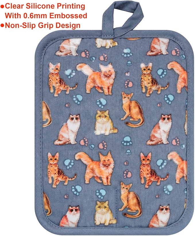 Pot Holders Set of 2 Heat Resistant 480 ℉Non Slip Clear Silicone Printed Comfortable Cotton Lining Kitchen Women Men Cooking Baking Microwave Machine Washable (Cat, Grey potholders)