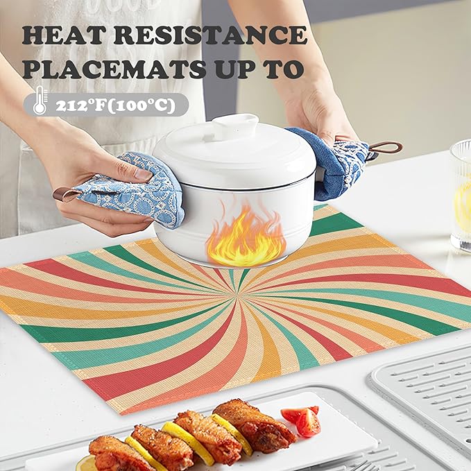 Placemats Set of 6,Retro 70s Groovy Linen Table Mats Rainbow Swirl Heat Resistant Place Mats Washable Dining Table Mats for Indoor Outdoor Kitchen Decor Easy Clean 12 x 18 Inch