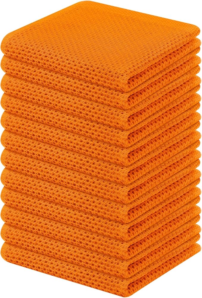 Kitinjoy 100% Cotton Kitchen Dish Cloths (12 X 12 Inches, Orange), 12 Pack Waffle Weave Ultra Soft Absorbent Dish Towels for Drying Dishes Quick Drying Kitchen Towels Dish Rags