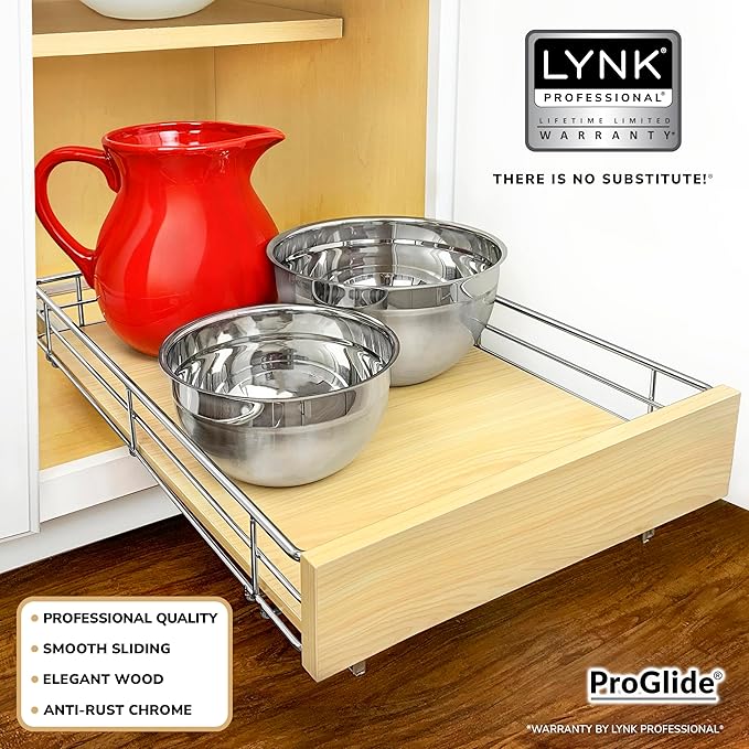 LYNK PROFESSIONAL® SELECT™ Pull Out Cabinet Organizer, 14" x 21" Slide Out Drawers for Kitchen Cabinets - Sliding Pull-Out Pantry Shelves – Home Shelf Organizers - Lifetime Ltd. Warranty, Wood Chrome