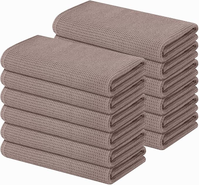 Homaxy 100% Cotton Waffle Weave Kitchen Towels - 12 Pack Soft and Absorbent Dish Towels - 16 x 26 Inches Quick Dry Hand Towels - Brown