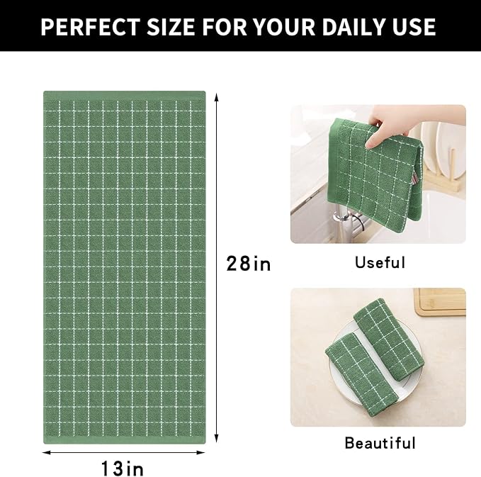 Homaxy 100% Cotton Terry Kitchen Towels(Grass Green, 13 x 28 inches), Checkered Designed, Soft and Super Absorbent Dish Towels, 18 Pack