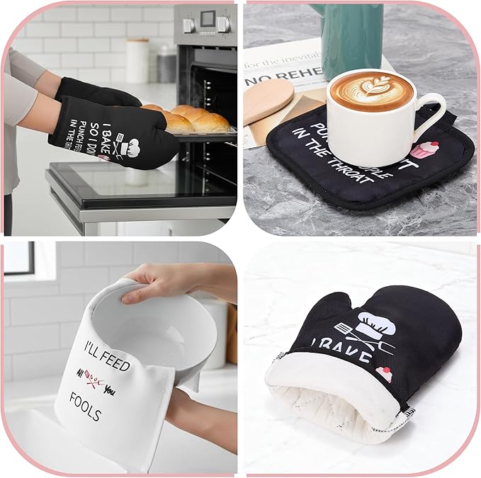 Defresit Funny Baking Apron Set for Women Men - Includes Baking Apron, Oven Mitts, Pot Holder, Kitchen Towel - Birthday Mothers Day Cooking Gifts for Baker, Mom, Wife | Thanksgiving, Christmas