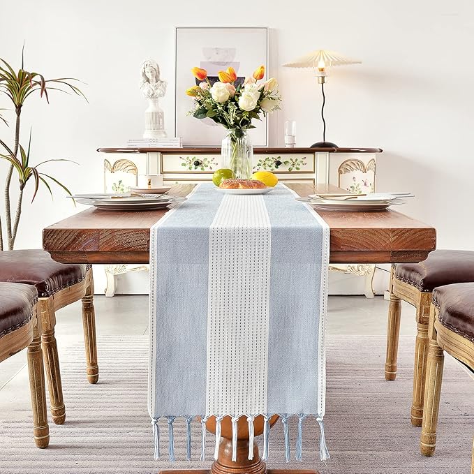 Wracra Linen Table Runner, Farmhouse Macrame Table Runners 60 Inches Long for Dining Table Decor, Wedding, Party and Dresser Decor (Blue,60")