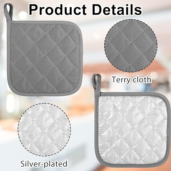 2 Pcs Cotton Pot Holders, 18 cm / 7-Inch Square Potholders for Kitchen, Heat-Resistant Pots Holder, Non Slip Kitchen Pot Holders Cotton Lining Hot Pads for Baking Cooking Oven (Gray)