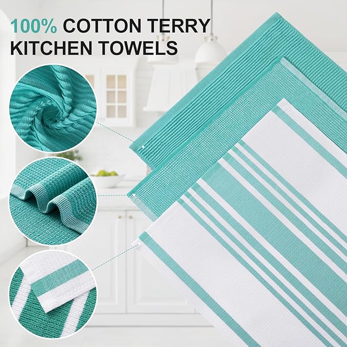 Homaxy Premium Kitchen Towels(18”x 28”, 9 Pack), Large Cotton 380 GSM Kitchen Hand Towels, Soft and Absorbent Terry Dish Towels, Multipurpose Tea Towel Set with Hanging Loop, Teal
