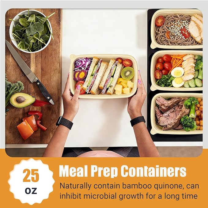 50Pack Meal Prep Containers Reusable with Lids, 25oz Bamboo-Powder Food Containers for Lunch Portion Control To Go Takeout Party Supplies, Safe for Microwave Freezer Dishwasher