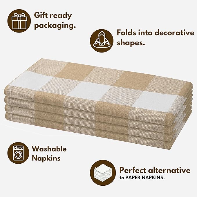 Native Fab Buffalo Plaid Check Cloth Dinner Napkins - Set of 4-100% Cotton 16x16 inches Soft, Absorbent, Hotel Quality - Easy Care, Washable, All Events, Everyday Use - Beige White