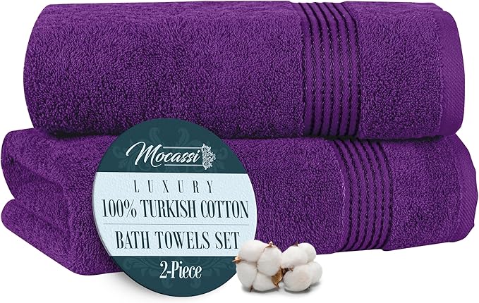 Mocassi Luxury 100% Turkish Cotton 2-Pack Bath Towel Set- Ultra Soft, Quick Dry Highly Absorbent 27 x 54 inch Premium Spa Hotel Quality 2PC Bath Towels - Luxurious Soft Bathroom Towels, Purple