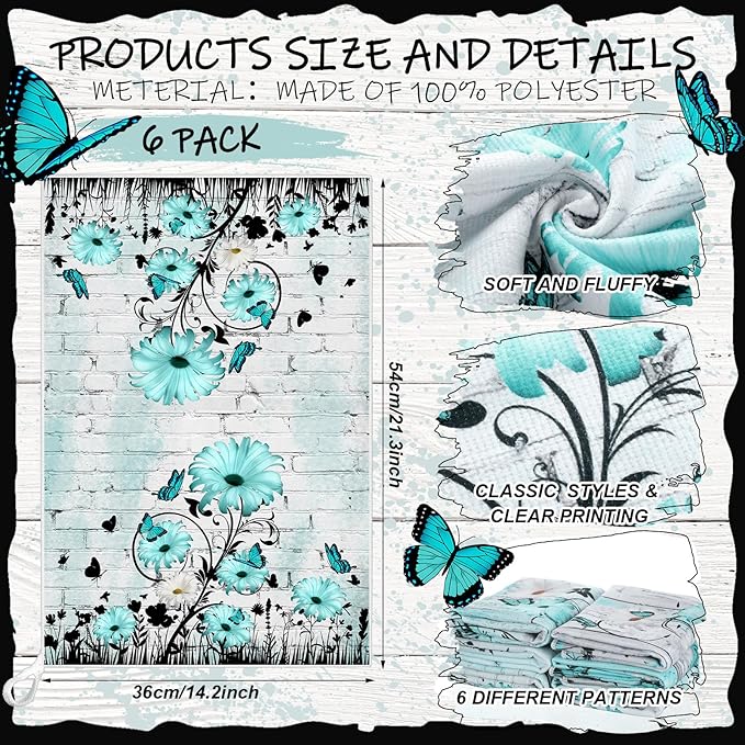 Breling Set of 6 Teal Daisy Kitchen Towel Vintage Themed Dish Towel Turquoise Bathroom Decorative Rustic Tea Cloths for Kitchen Bathroom Home Cooking Housewarming Gifts, 14 x 21 Inch