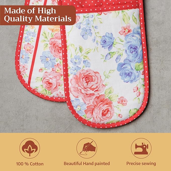 Maison d' Hermine Double Oven Mitts 100% Cotton 7"x35" Double Oven Mitt Heat Resistant BBQ Cooking Gloves with Loop Baking Grilling Gifts for Mothers Day Spring Summer (Vintage Floral)