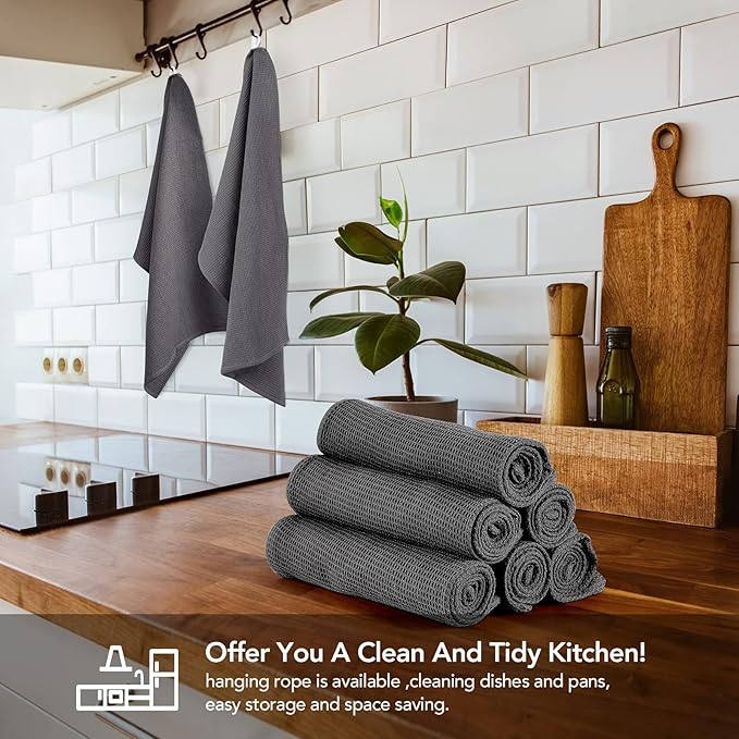 PY HOME & SPORTS 8 Pack Cotton Waffle Weave Kitchen Towels 17 x 25, Super Absorbent Kitchen Hand Dish Cloths for Drying and Cleaning (Dark Grey)