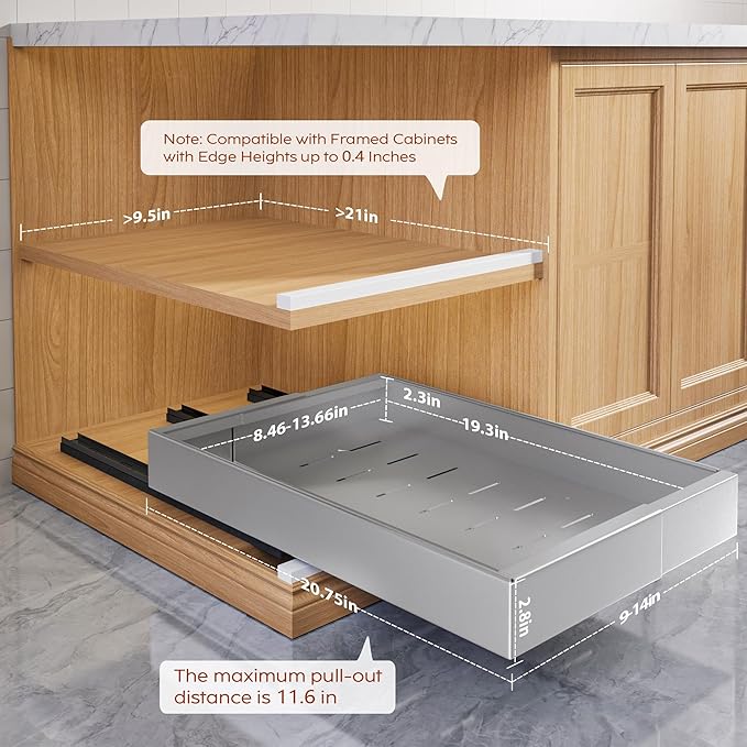 Seinloes 2 Pack Pull Out Cabinet Organizers 21" Deep With Raising Pad for Framed Cabinets, Expandable Width (9"-14") Slide Out Drawers Upgrade 3 Slide Rails, Roll Out Shelves Adhesive, Silver