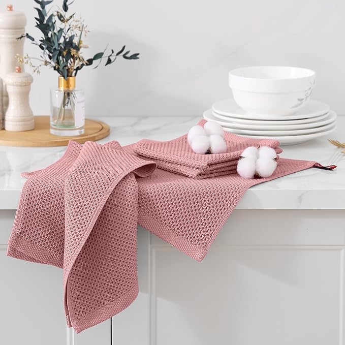 Kitinjoy 100% Cotton Kitchen Dish Cloths (12 X 12 Inches, Dried Roses), 6 Pack Waffle Weave Ultra Soft Absorbent Dish Towels for Drying Dishes Quick Drying Kitchen Towels Dish Rags