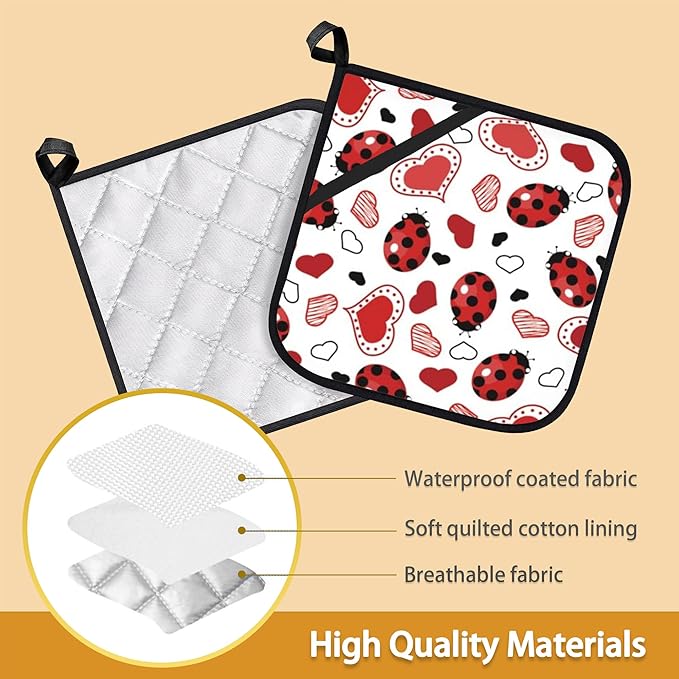 Ladybugs Hearts Pot Holder Set of 2,Heat Resistant Potholders Oven Hot Pads for Kitchen Cooking Baking BBQ