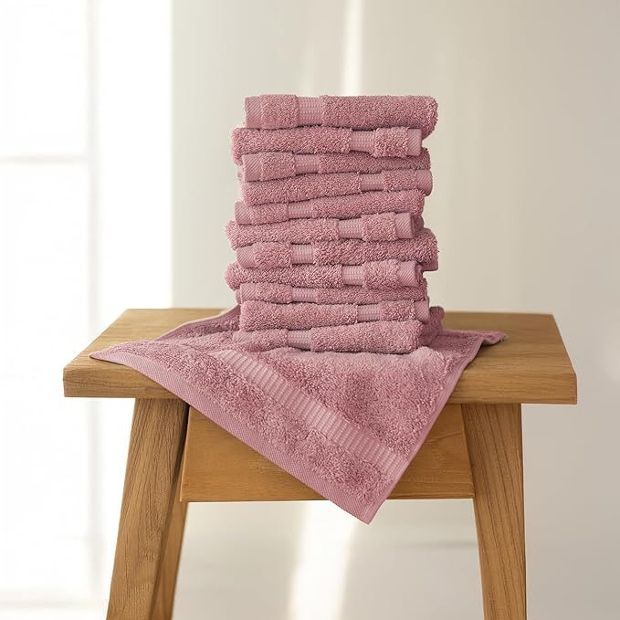 SALBAKOS 100% Turkish Cotton Washcloth Set of 12 13x13 inch | Heirloom Quality | Hotel & Spa Collection | Ultra Soft, Super Absorbent, Washcloth Towels | Made in Turkey (Rose, 12 Washcloths)