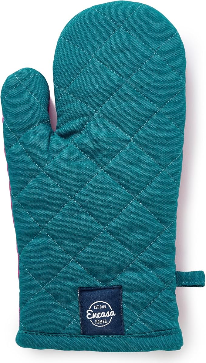Encasa XO Heat Resistant Cotton Oven Gloves Mitts (2 Pc Set) - Quilted & Safe 12x6.6 in - for Kitchen, Cooking & Baking, Grilling, Handling Hot Pots & Pans - Azul Blue