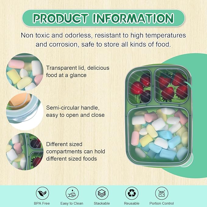 Honeydak 5 Pack Snack Containers 3 Compartment Bento Snack Boxes Divided Meal Prep Containers with Lids Reusable Adults Lunch Food Storage Box for School Work Travel(Sage Color)