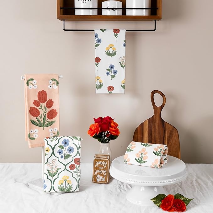 Ritz 100% Cotton Kitchen Towels, Tulip Trellis Floral – 16"x26" – Absorbent Dish Towels for Drying & Cleaning – Soft & Durable (Set of 4)