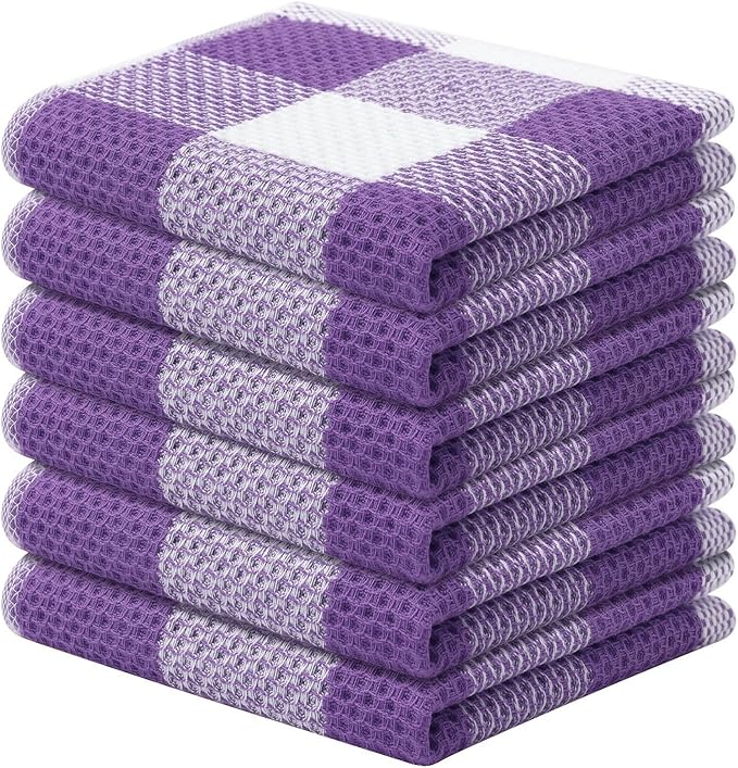 Mordimy 100% Cotton Waffle Weave Plaid Dish Cloths, 12 x 12 Inches, Super Soft and Absorbent Quick Drying Buffalo Check Dish Rags for Kitchen, 6-Pack, Purple & White