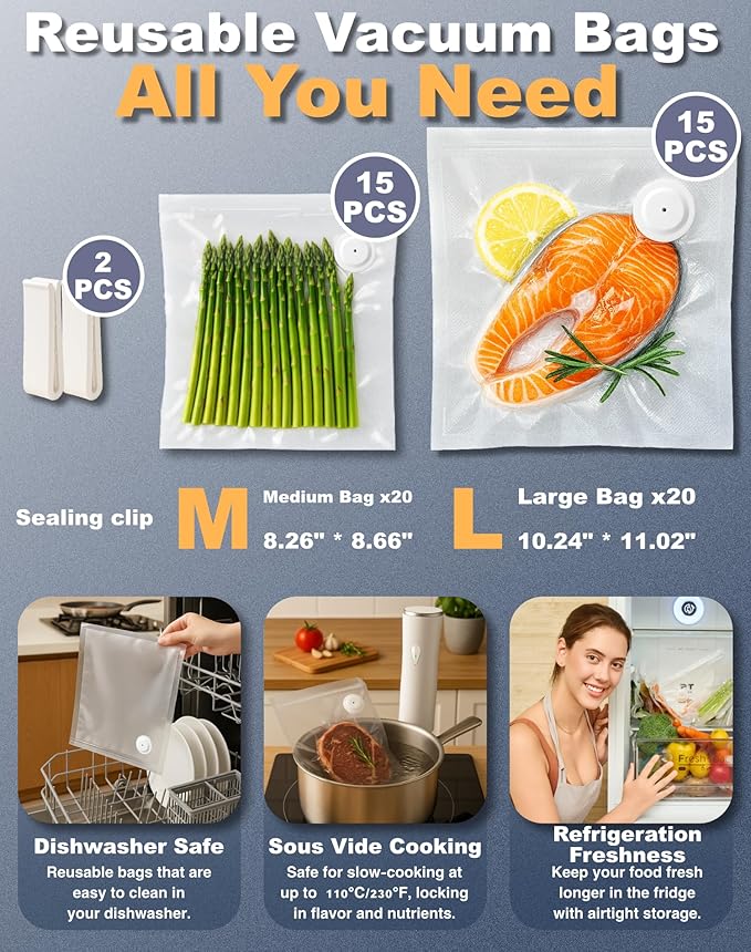 Compact Vacuum Sealer for Food, Handheld Saver Vacuum Sealer Machine with 30 Reusable Bags for Preservation & Fresh White