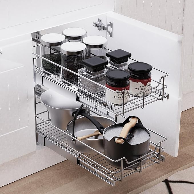2 Tier Pull Out Cabinet Organizer 14" W X 22" D, Slide Out Drawers For Kitchen Cabinets, Pull Out Drawers For Cabinets Capacity Heavy Duty Caddy, Cabinet Pullout Shelves Chrome-Plated,Bathroom Pantry