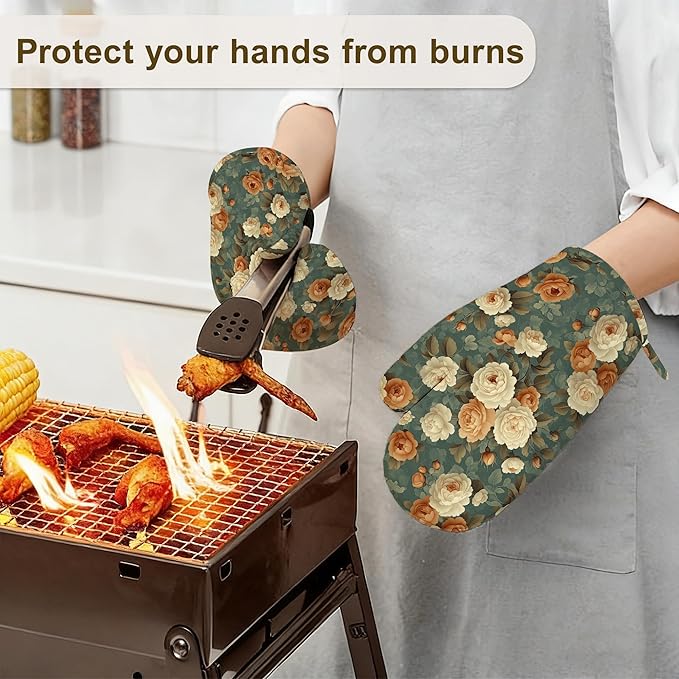 Vintage Rose Flower Oven Mitts and Pot Holders Set of 4,Retro Floral Kitchen Glove Heat Resistant Oven Mitts with Non-Slip Silicone for Baking, Cooking, BBQ