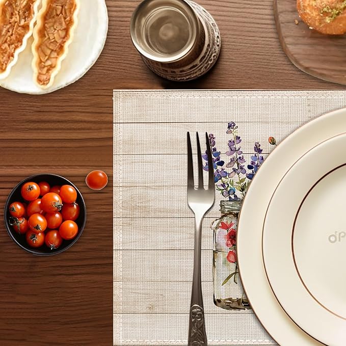 Spring Flowers Placemats Set of 6,Washable Heat Resistant 12×18 Inch Linen Table Mats Floral Place Mats for Party Outdoor Dining Decor