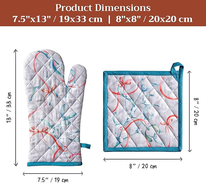 Maison d' Hermine 100% Cotton Oven Mitt & Pot Holder Set (7.5"x13" & 8"x8") Heat Resistant BBQ Cooking Gloves with Loop for Thanksgiving Christmas Decorations Handling Hot Pans (Enora)