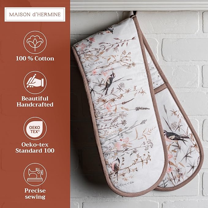 Maison d' Hermine Double Oven Mitts 100% Cotton 7"x35" Double Oven Mitt Heat Resistant BBQ Cooking Gloves with Loop Baking Grilling Gifts for Mothers Day Spring Summer (Meadow Florals - Brown)