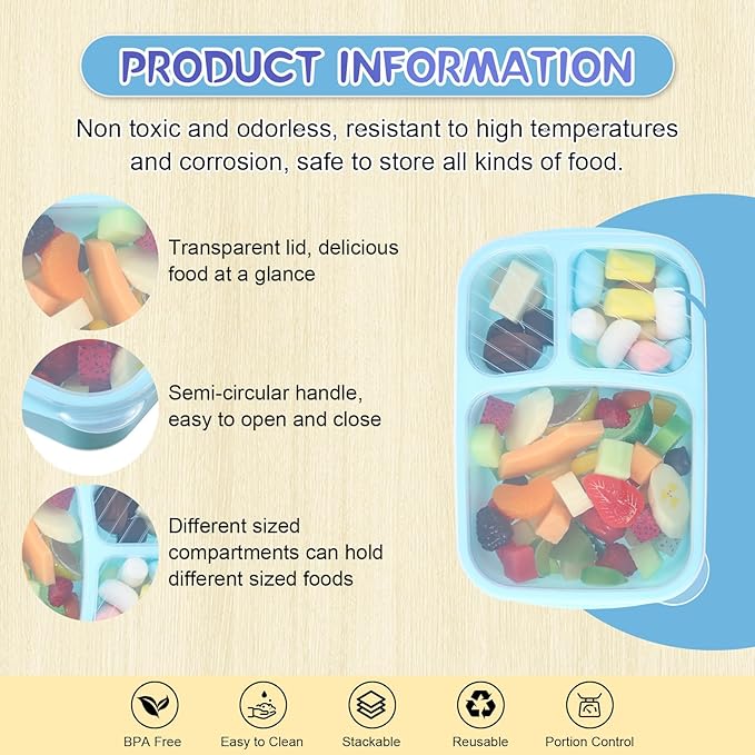 Honeydak 5 Pack Snack Containers 3 Compartment Bento Snack Boxes Divided Meal Prep Containers with Lids Reusable Adults Lunch Food Storage Box for School Work Travel(Glacier Color)