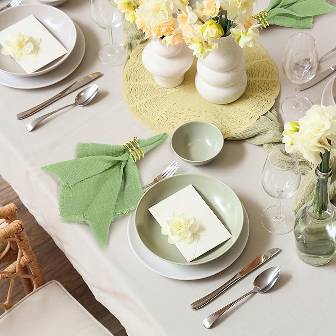 TURSTIN 24 Pieces Cotton Linen Cloth Napkin Handmade Cloth Napkin with Fringe 17 x 17 Inch Soft Cloth Dinner Wedding Napkin Square Rustic Fringe Table Napkin for Dinners, Parties, Weddings, Sage Green