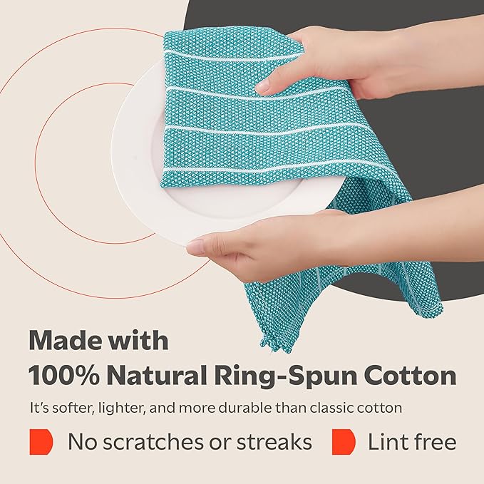 Zeppoli Classic Kitchen Towels - 6 Pack 100% Natural Cotton Towel Set, Reusable Wash Cloths, Absorbent Dish Towels, Machine Washable Hand Towels, Kitchen Essentials, 20" x 28" - Aqua Base