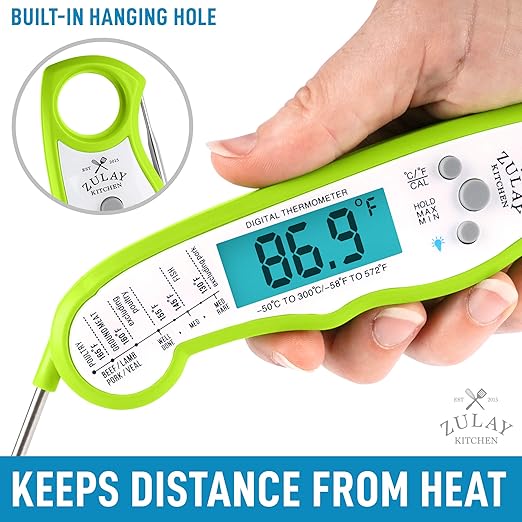 Zulay Instant Read Food Thermometer - Waterproof Digital Meat Thermometer with Backlight, Calibration & Internal Magnetic Mount - Cooking Thermometer for Meat, Kitchen, BBQ & Grill (Green)
