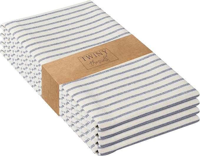 TWINY threads Set of 4 Vintage Stripe Kitchen Towels (18x26 Inches) Premium Tea Towels with Hanging Loop, Highly Absorbent 100% Cotton Bulk Kitchen Hand Towels for Drying Cleaning - Ink Blue