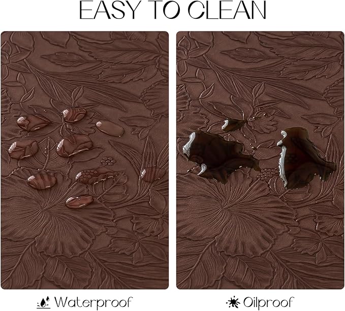 Romanstile Vinyl Placemats Set of 8-12 X 17 Inch - Heat Resistant Non-Slip Embossed Floral Place Mats 100% Waterproof Oilproof Wipeable Faux Leather Table Mats for Kitchen/Dining/Party, Brown