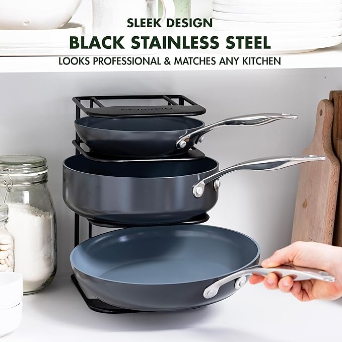 GreenPan Stainless Steel Wire Cookware Storage Rack, 5 Frying Pan Compartments, Countertop or Cabinent Organizer, Minimizes Clutter, Fast Drying, Wipes Clean, Black