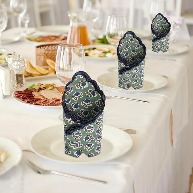 Ridhi Hand Block Print Basil Green 18" x 18" (Set of 4) Embroidery Table Napkins Reusable Cotton Dinner Napkins for Weddings, Parties, Everyday Dining Gift for Spring, Easter, Valentine