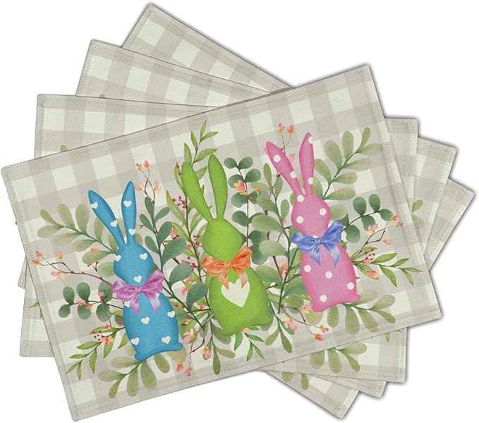 Easter Placemats Set of 4，Bunny Rabbits Green Leaves Table Kitchen Mat 12x18 Inch Floral Spring Decor Holiday Table Mats for Seasonal Party Kitchen Dining Decoration