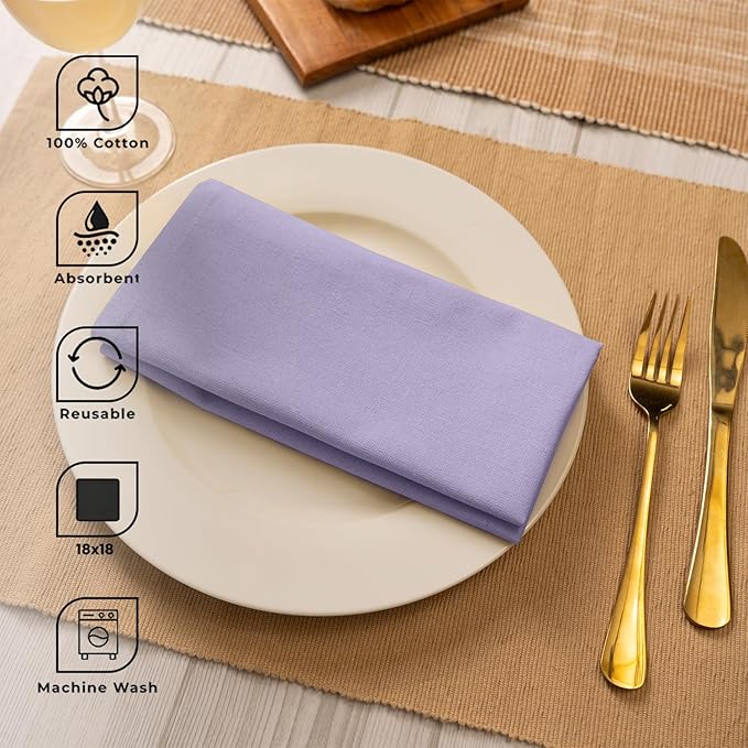 Blue Needles Solid Cloth Napkins Set of 12 Lavender 100% Cotton Dinner Napkins 18x18 inches - Spring Summer Easter - Soft, Reusable, Absorbent & Washable Linen, Ideal for Events Parties & Everyday Use