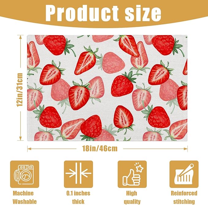 Watercolor Strawberry Placemats Set of 6, Linen Place Mat Washable Stain Resistant Table Mats for Farmhouse Kitchen Dining Holiday Party Wedding Decor 12x18 Inch