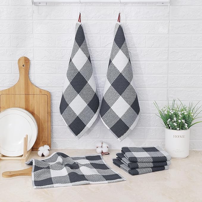 Mordimy 100% Cotton Waffle Weave Plaid Dish Cloths, 12 x 12 Inches, Super Soft and Absorbent Quick Drying Buffalo Check Dish Rags for Kitchen, 6-Pack, White & Dark Grey