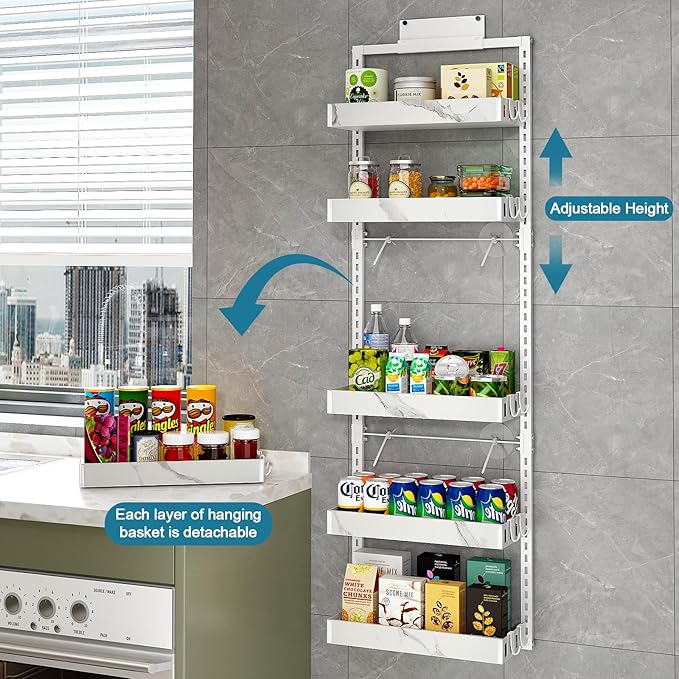 bukfen Over the Door Pantry Organizer, 6-Tier Adjustable Basket Kitchen Pantry Door Organization and Storage, Heavy-Duty Metal Hanging Kitchen Spice Rack, D6.3 x W17.32 x H50.60 inch, 1 Pack