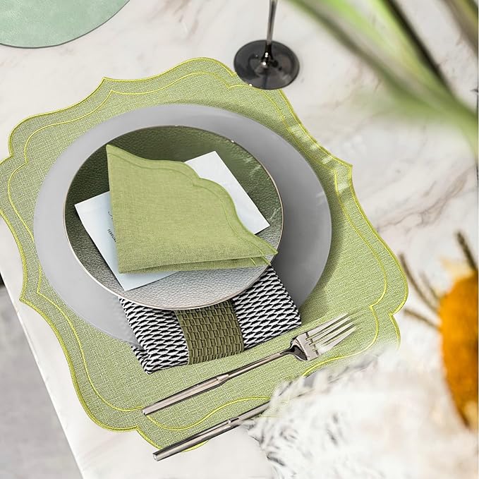 Linen Placemats Set of 4, Sage Green Embroidered Place Mats 16x18 Inch, Scalloped Edge Washable Fabric Table Mats, Wavy Shape Table Decor for Wedding Baby Shower Party Dining Room
